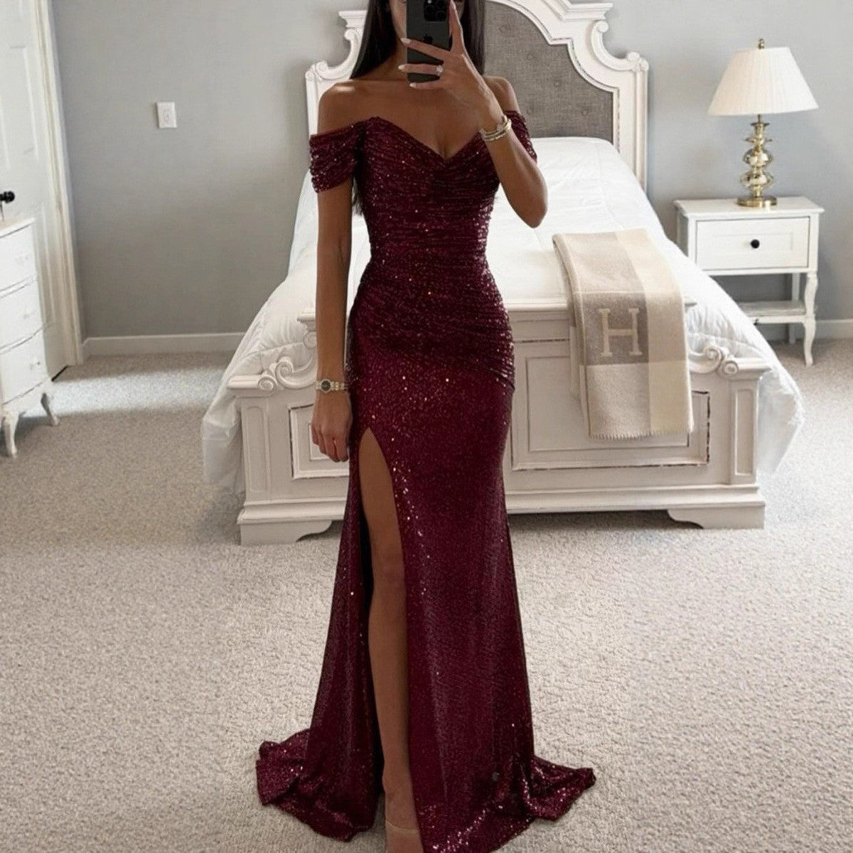 Shiny Sequin One-Shoulder Split Dress, Casual Fashion Dress for Women