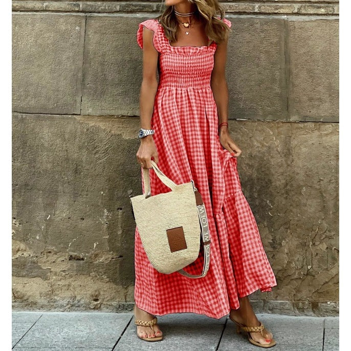 Patchwork Plaid Flared Strap Dress