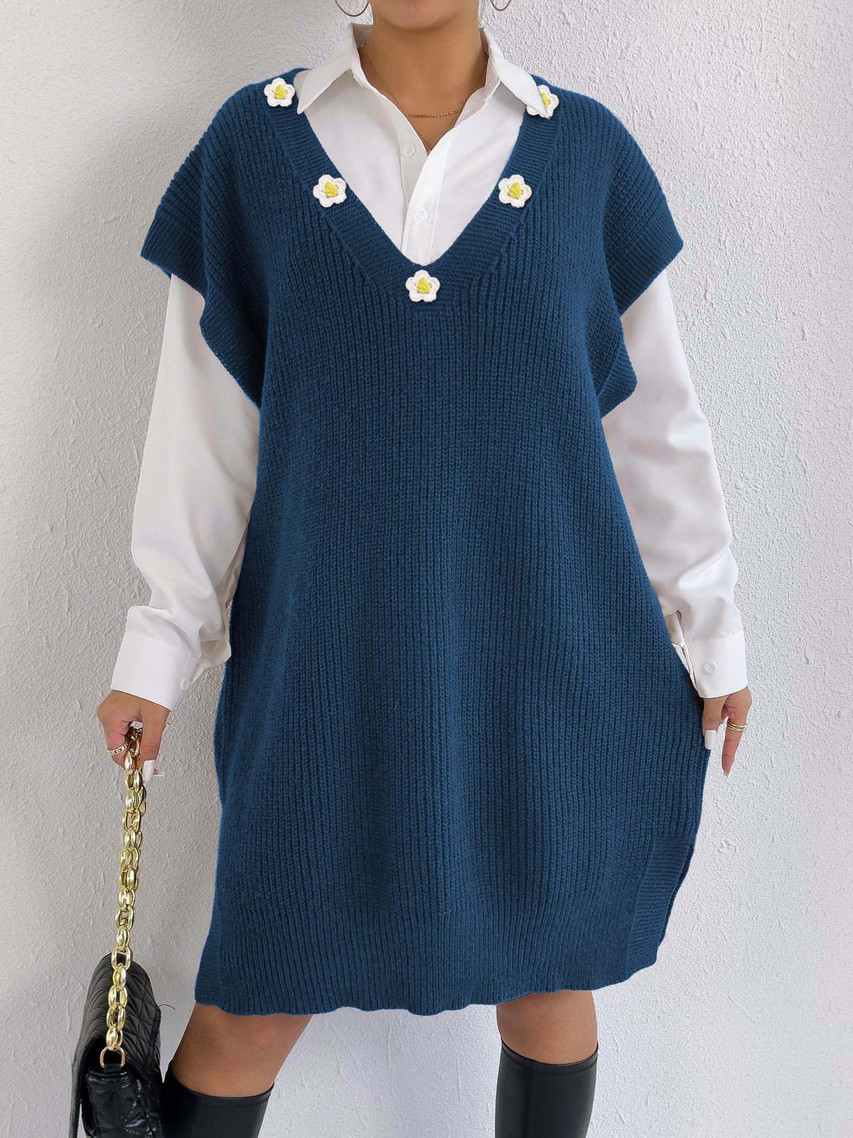 Flower Applique Deep V-Neck Knit Vest Dress