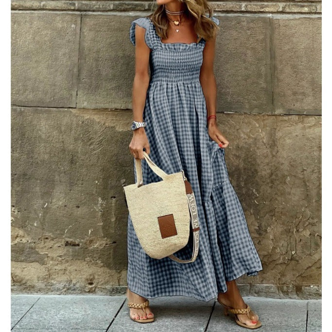 Patchwork Plaid Flared Strap Dress