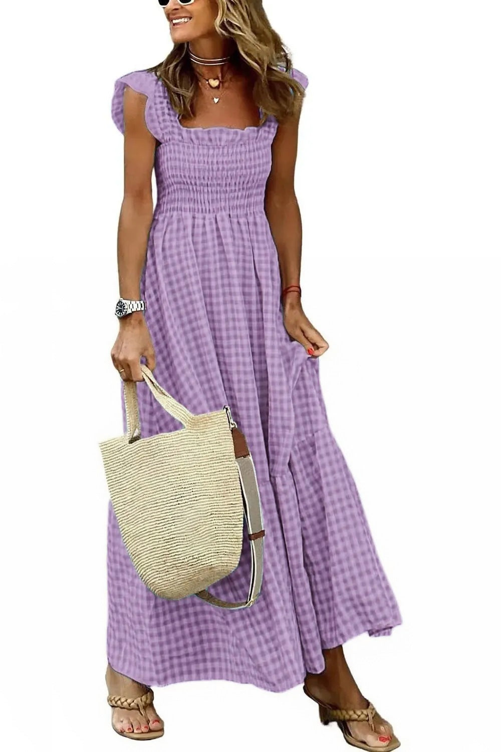 Patchwork Plaid Flared Strap Dress