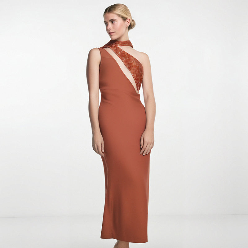 One-Shoulder Rhinestone Bodycon Maxi Dress