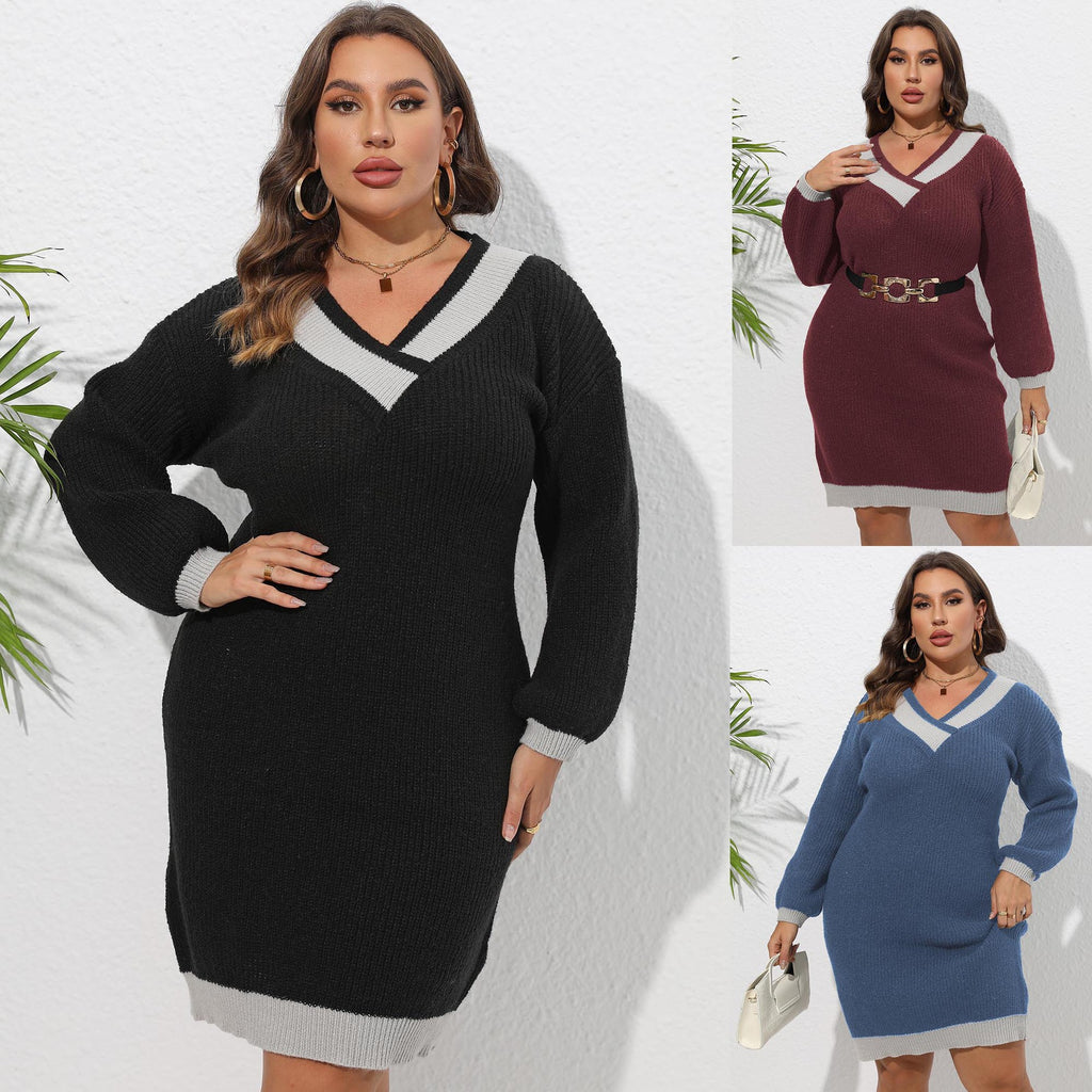 Plus Size V-Neck Color Block Sweater Dress