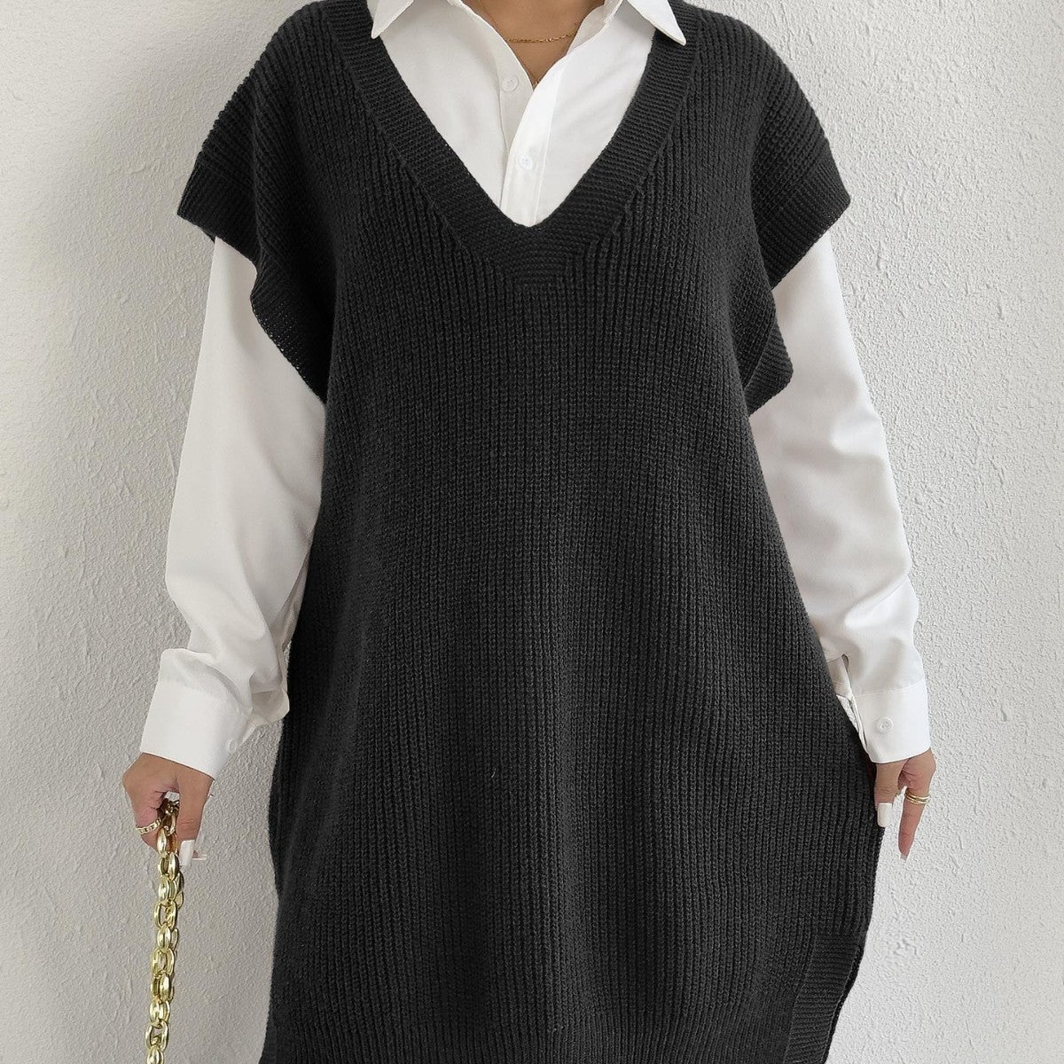 Open Front Deep V-Neck Knit Sweater Vest
