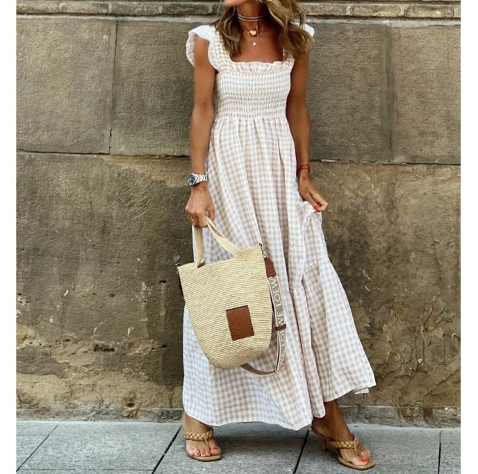 Patchwork Plaid Flared Strap Dress