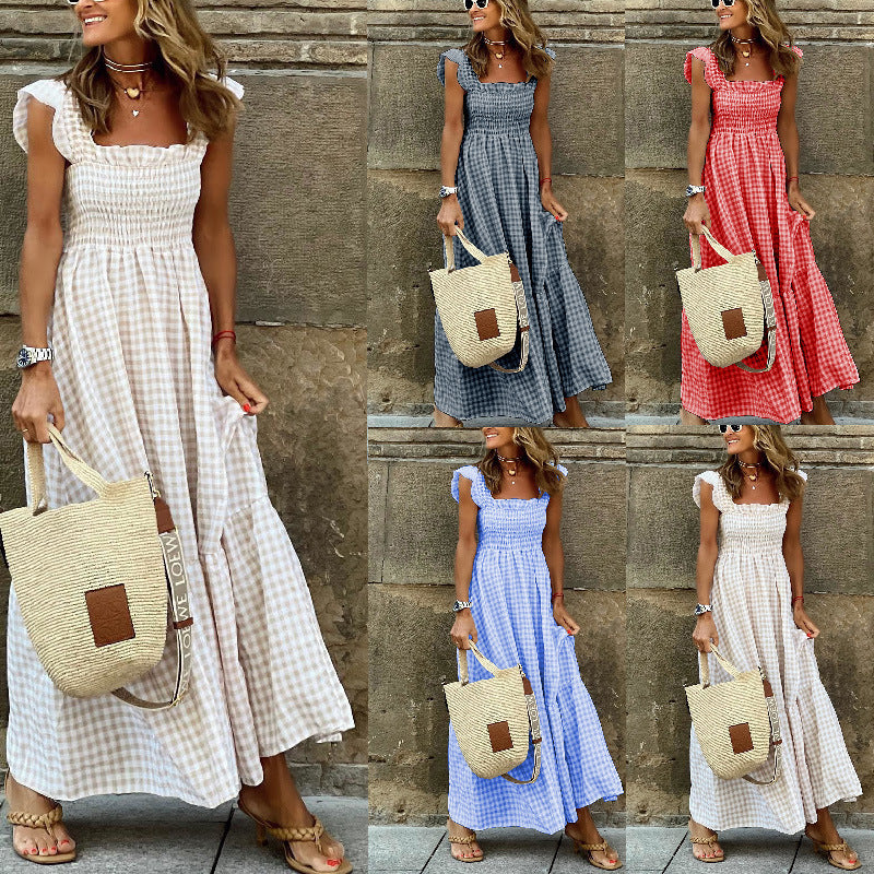 Patchwork Plaid Flared Strap Dress