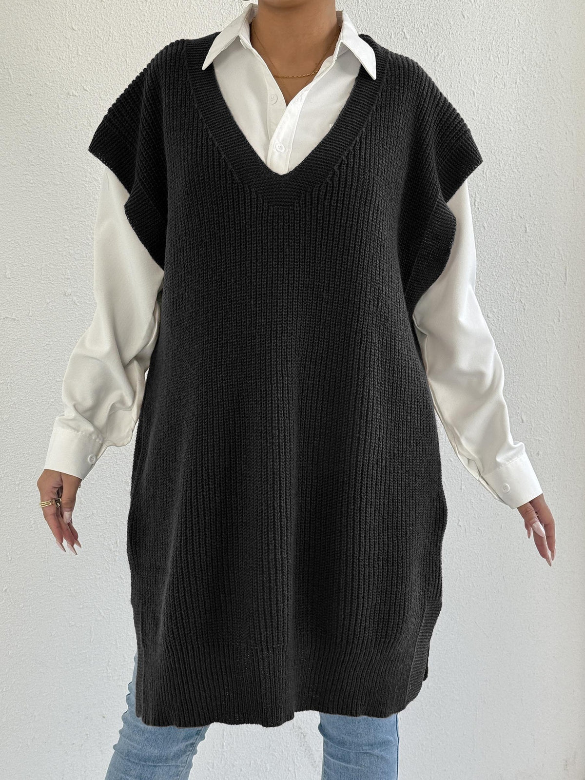 Open Front Deep V-Neck Knit Sweater Vest