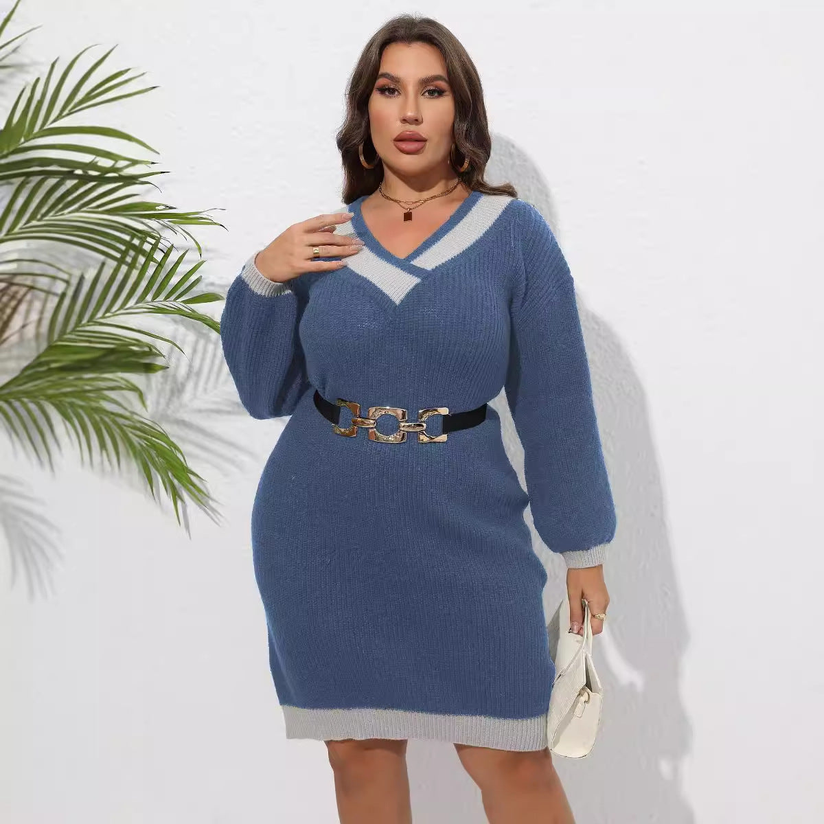 Plus Size V-Neck Color Block Sweater Dress