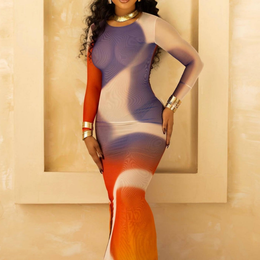 Printed Long-Sleeve Bodycon Midi Dress