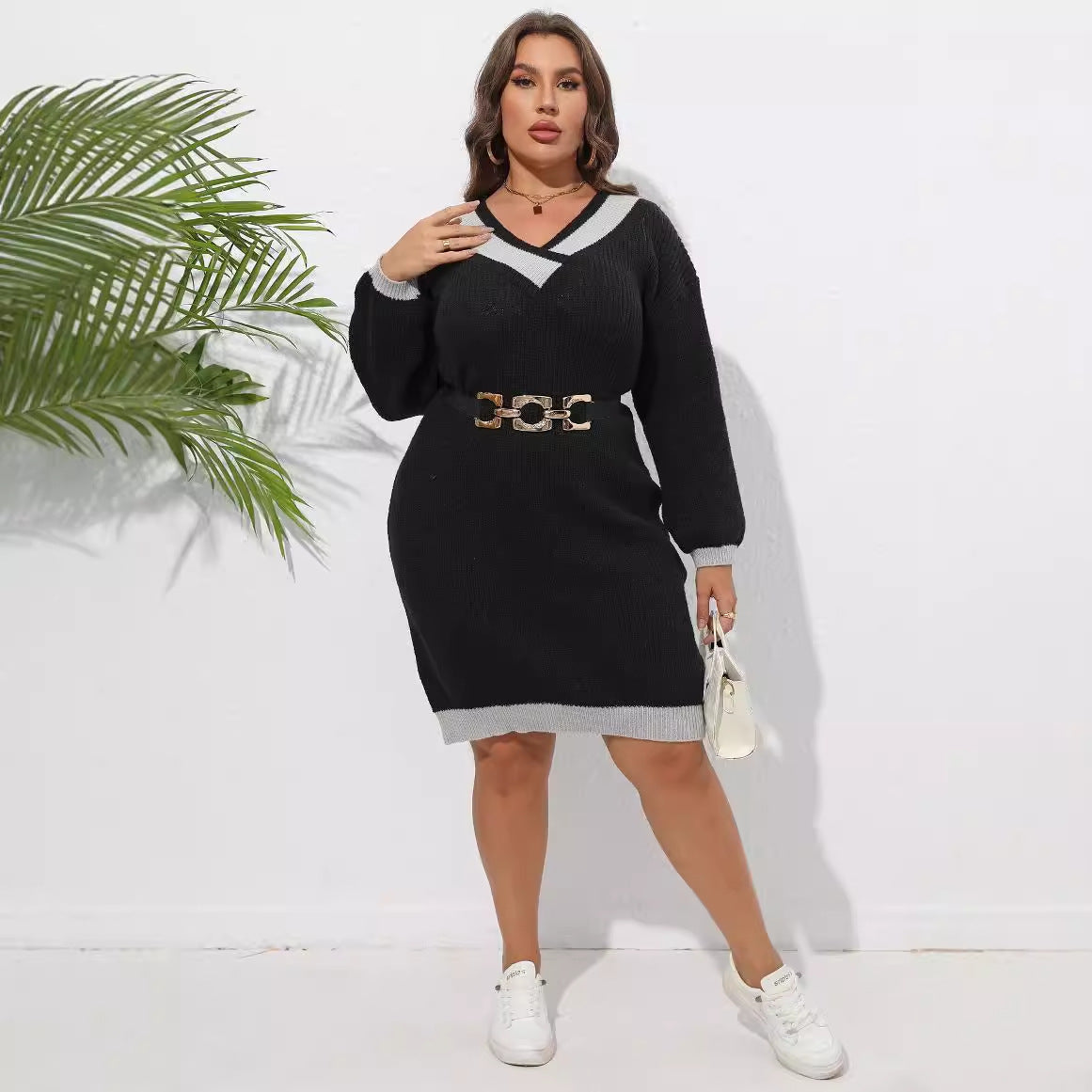 Plus Size V-Neck Color Block Sweater Dress