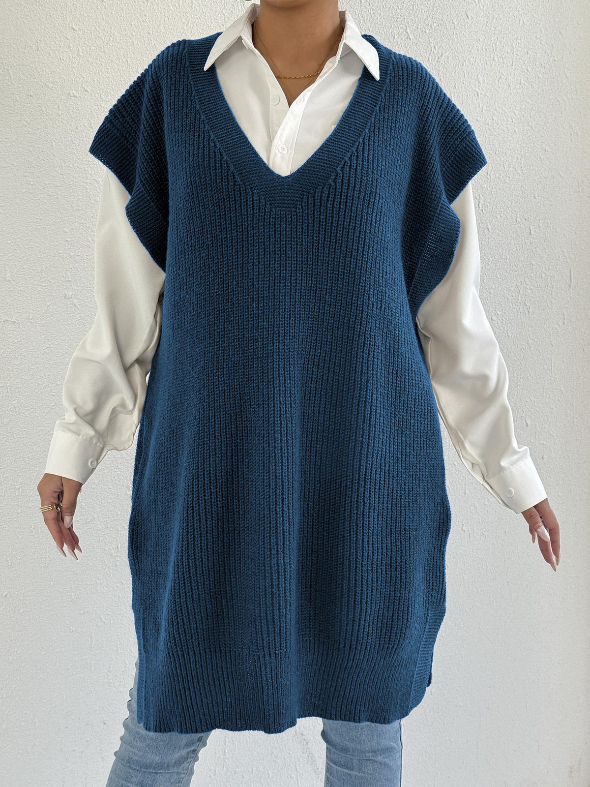 Open Front Deep V-Neck Knit Sweater Vest