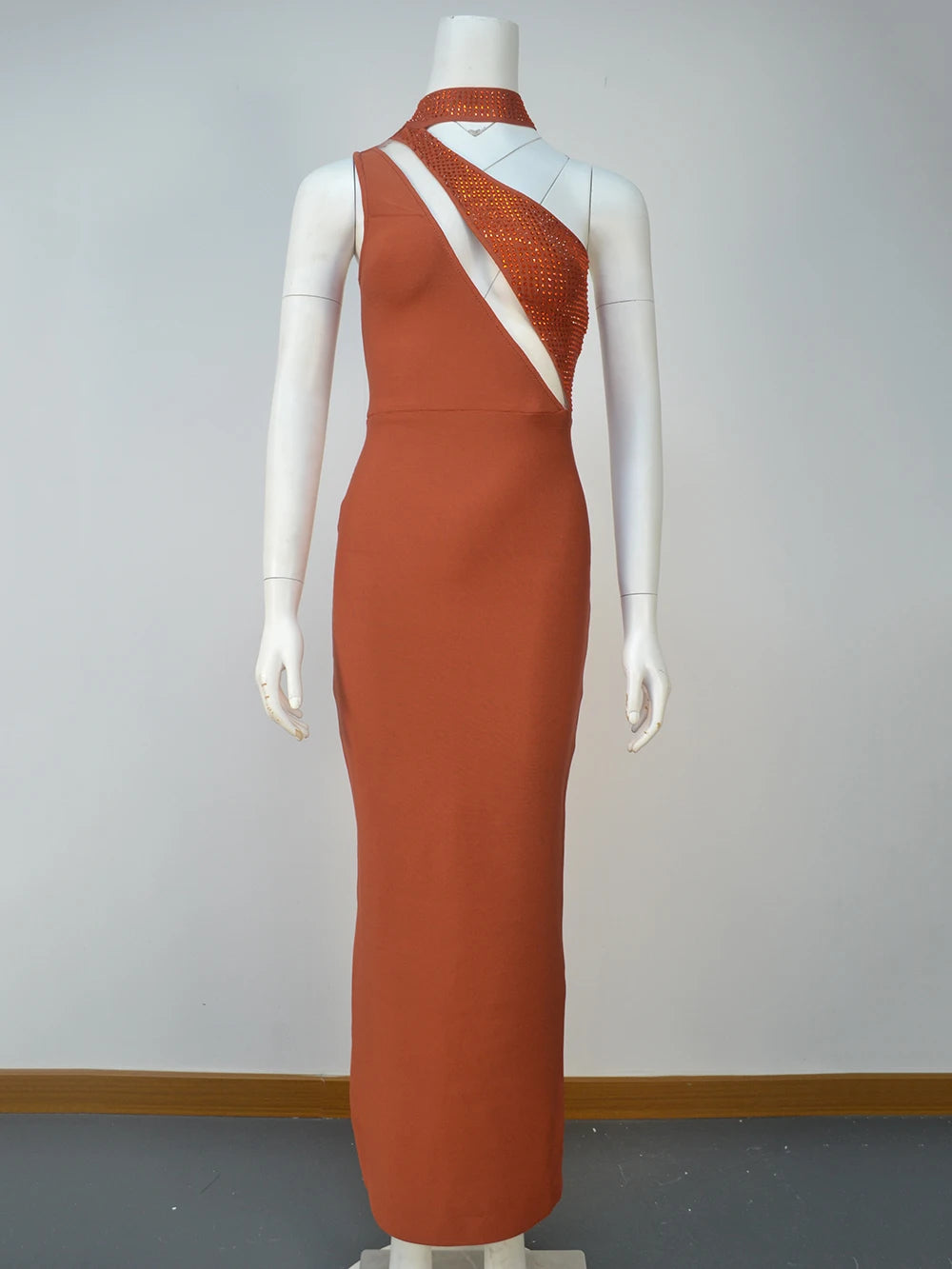One-Shoulder Rhinestone Bodycon Maxi Dress