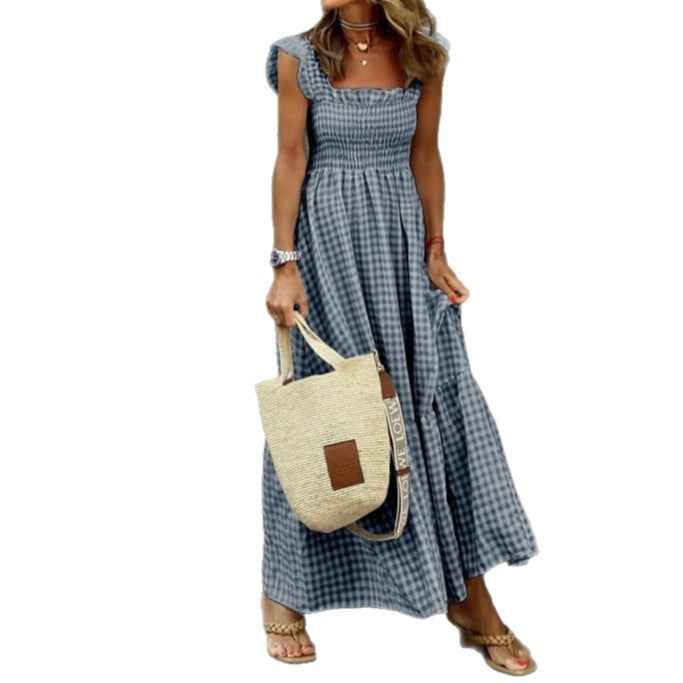 Patchwork Plaid Flared Strap Dress