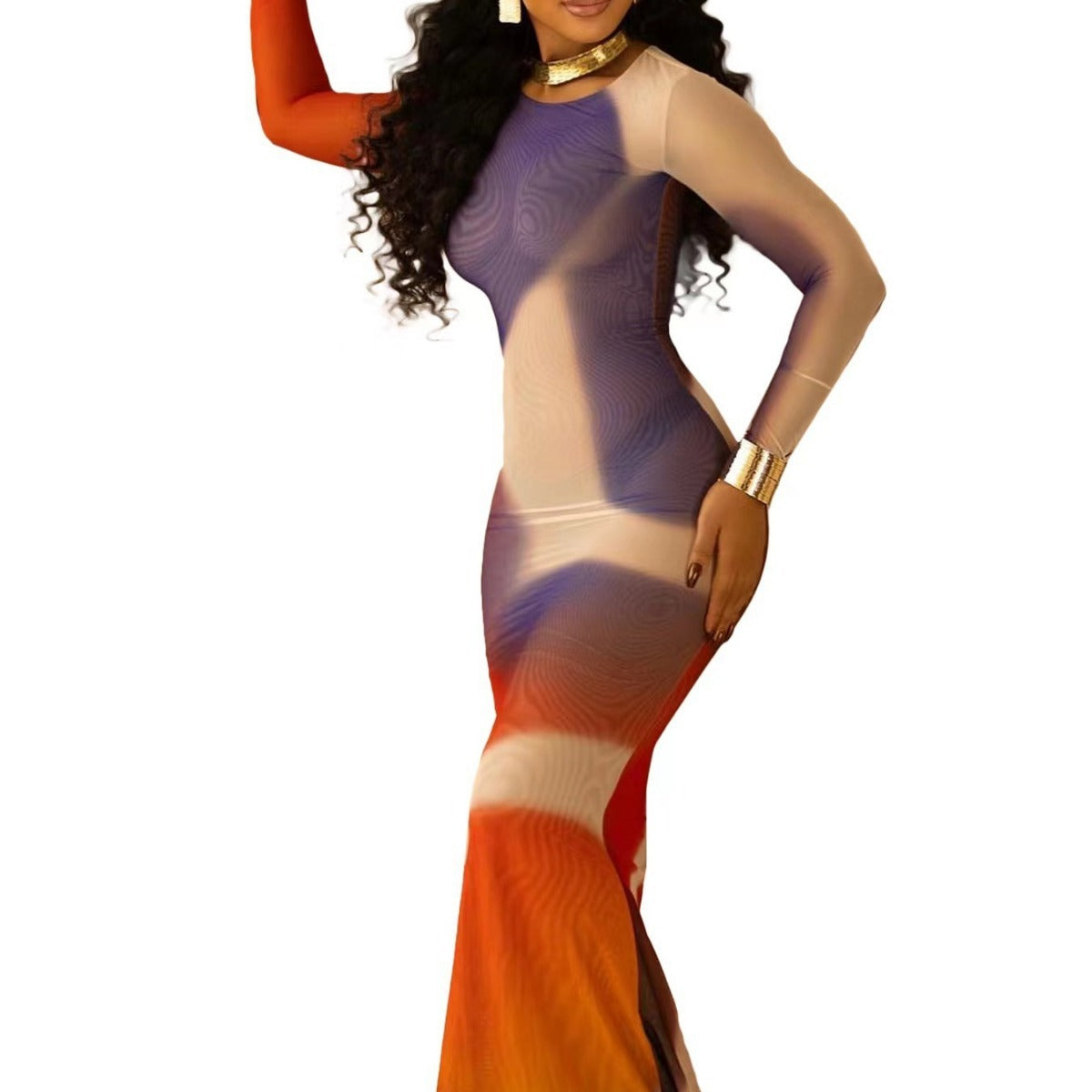 Printed Long-Sleeve Bodycon Midi Dress
