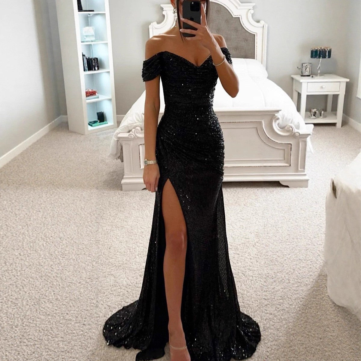 Shiny Sequin One-Shoulder Split Dress, Casual Fashion Dress for Women