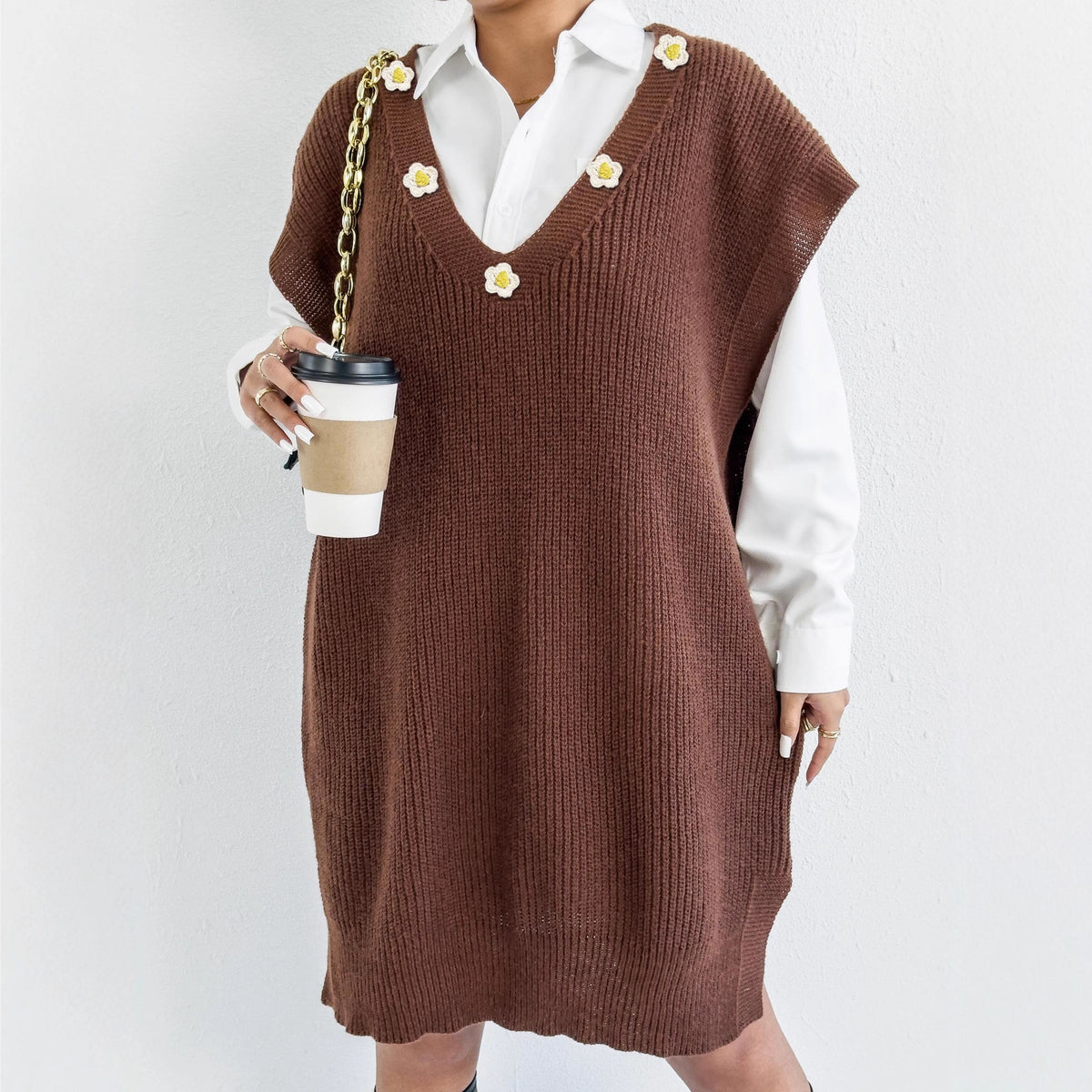 Flower Applique Deep V-Neck Knit Vest Dress