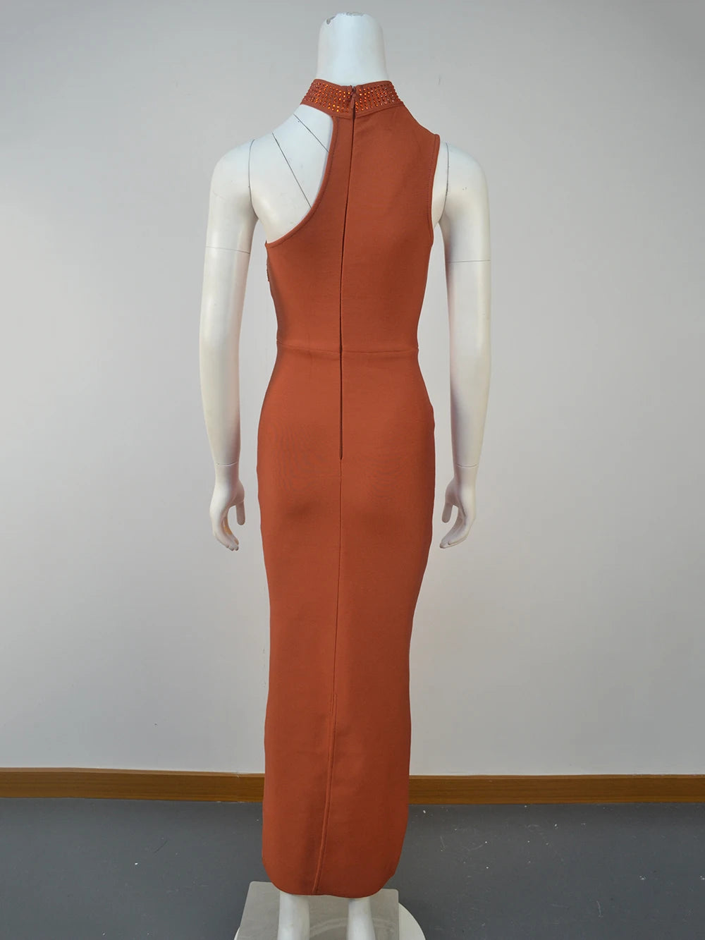 One-Shoulder Rhinestone Bodycon Maxi Dress