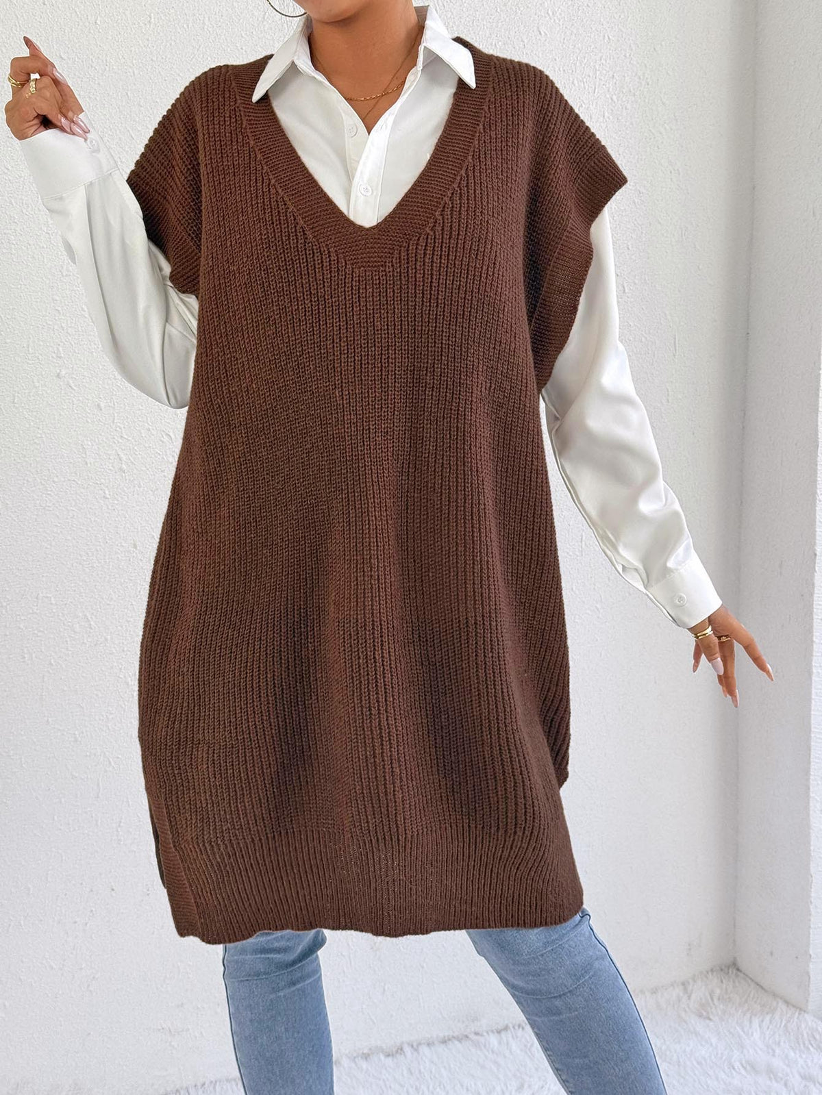 Open Front Deep V-Neck Knit Sweater Vest