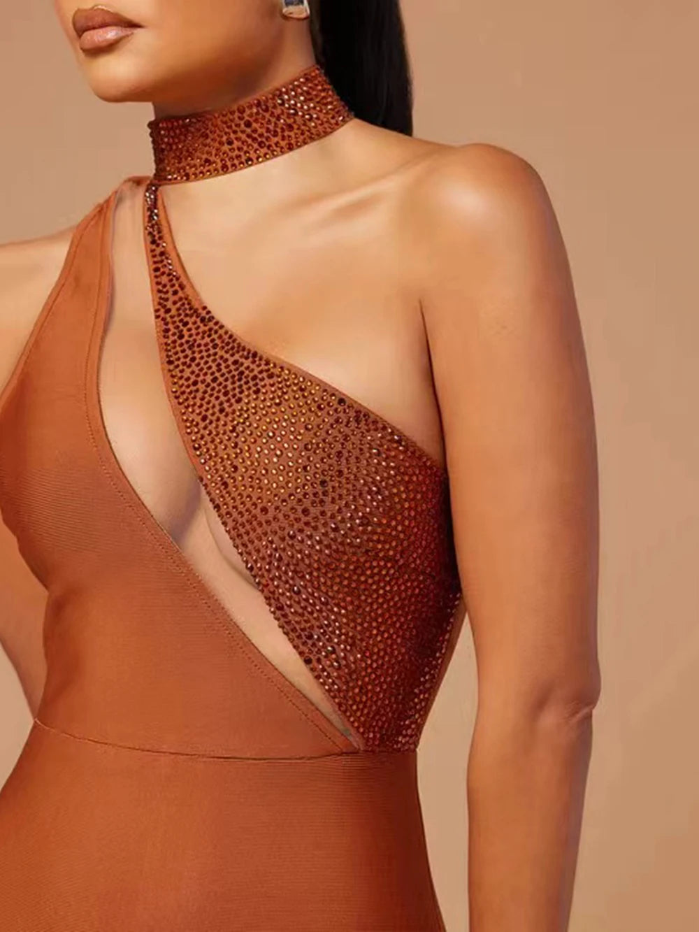 One-Shoulder Rhinestone Bodycon Maxi Dress