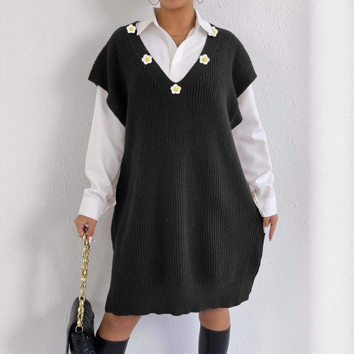 Flower Applique Deep V-Neck Knit Vest Dress