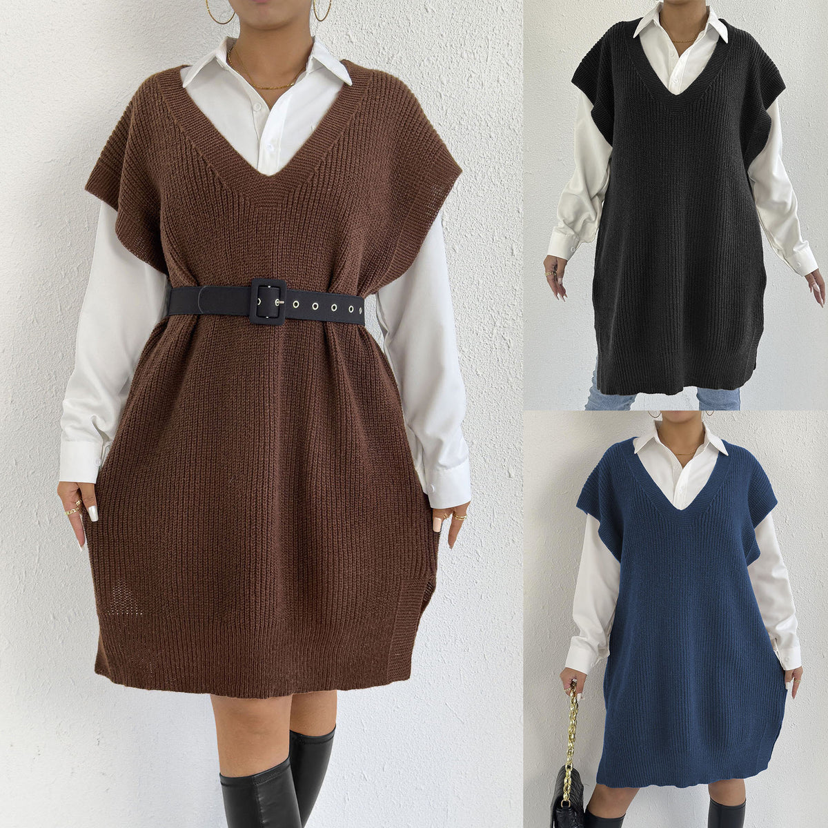 Open Front Deep V-Neck Knit Sweater Vest