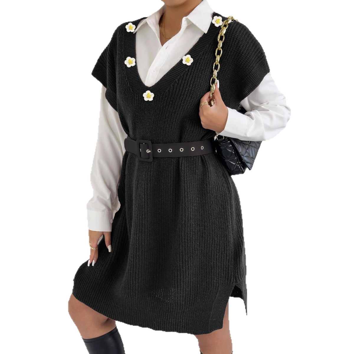 Flower Applique Deep V-Neck Knit Vest Dress
