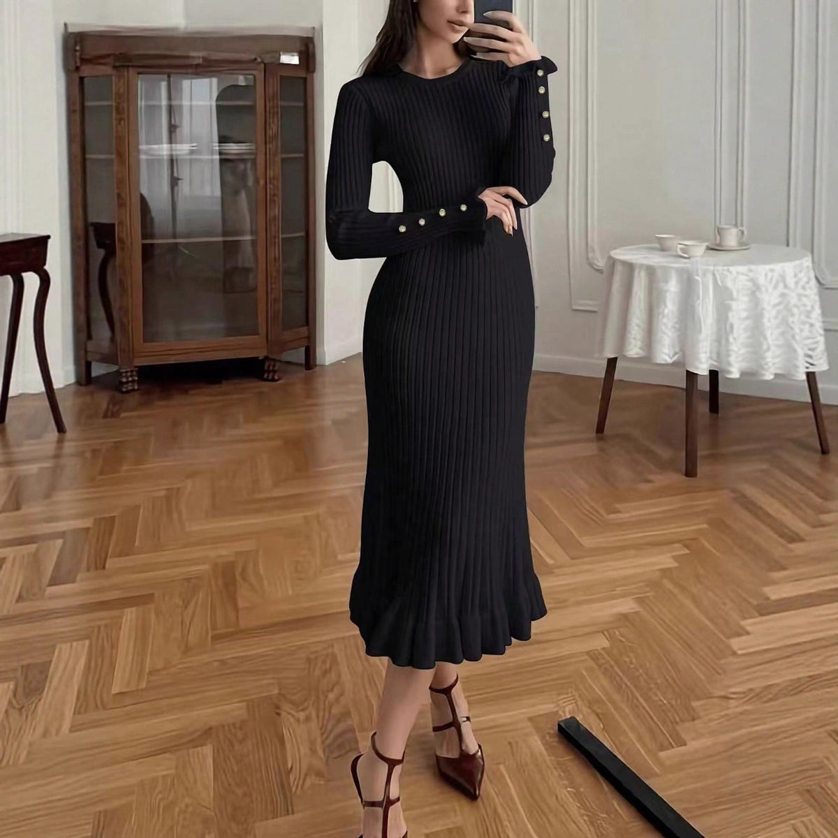 Elegant Solid Color Casual Knit Dress