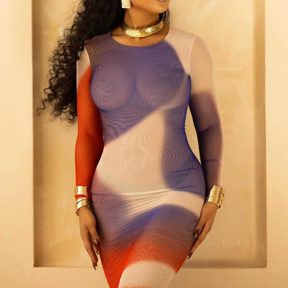 Printed Long-Sleeve Bodycon Midi Dress