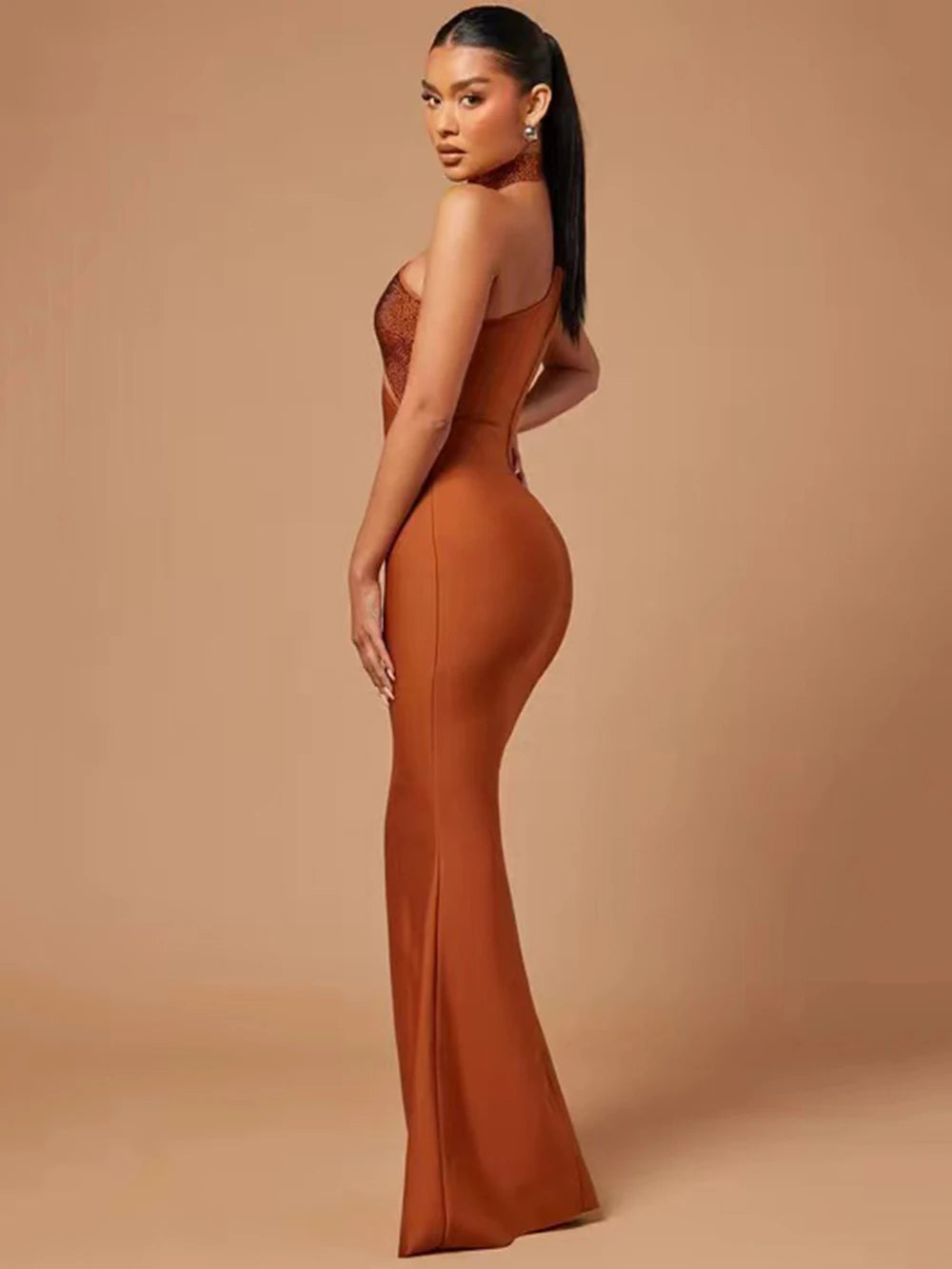 One-Shoulder Rhinestone Bodycon Maxi Dress