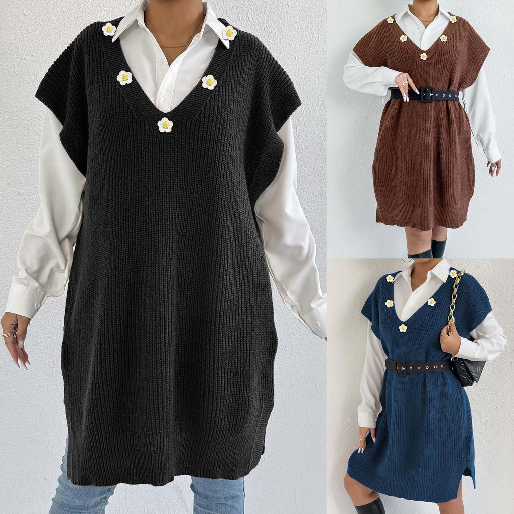 Flower Applique Deep V-Neck Knit Vest Dress
