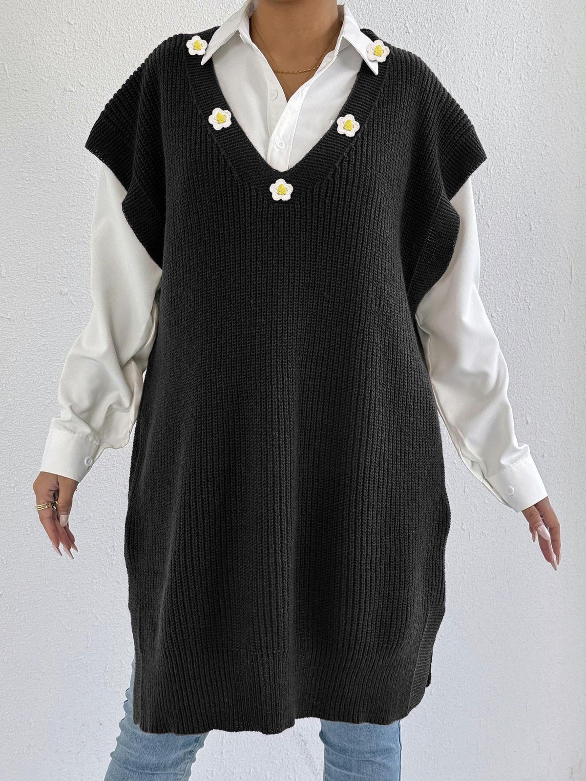 Flower Applique Deep V-Neck Knit Vest Dress