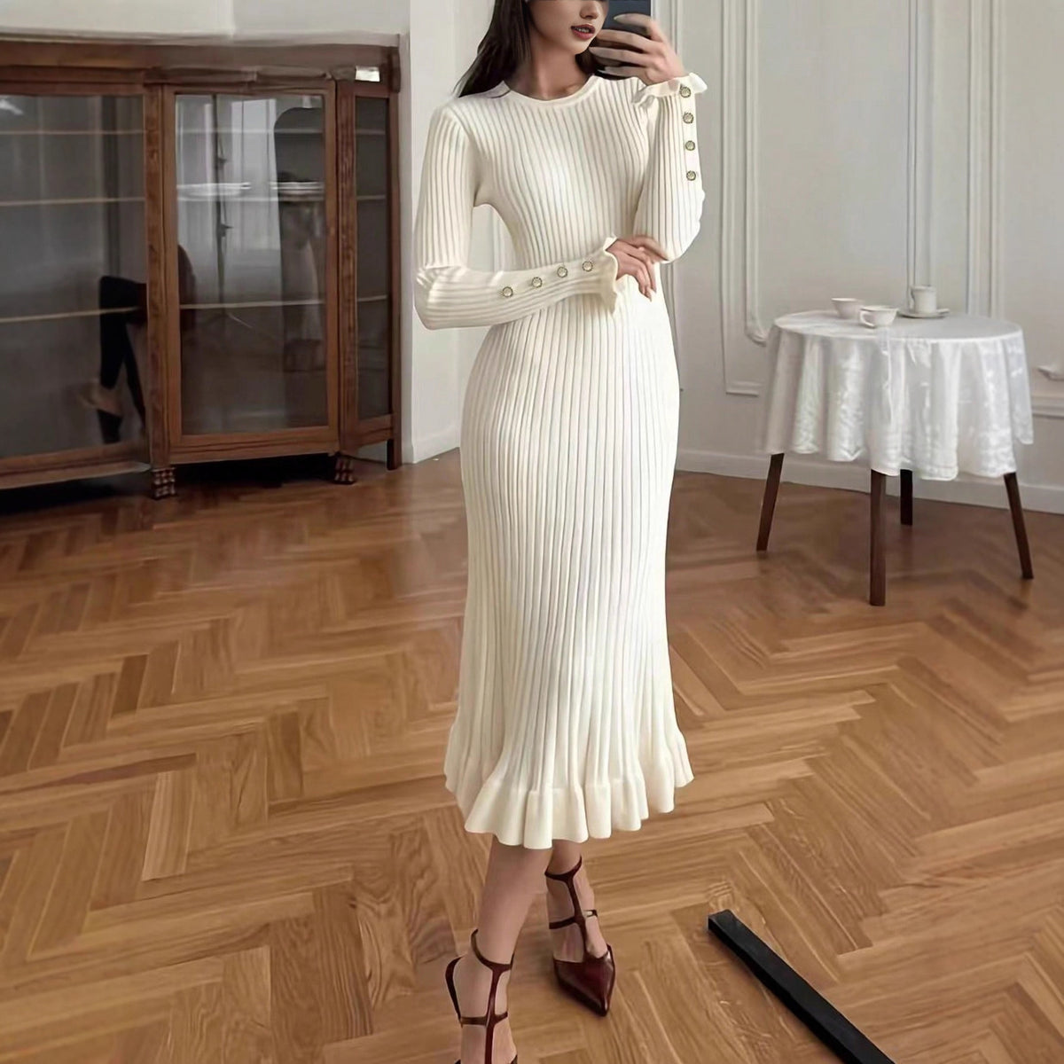 Elegant Solid Color Casual Knit Dress
