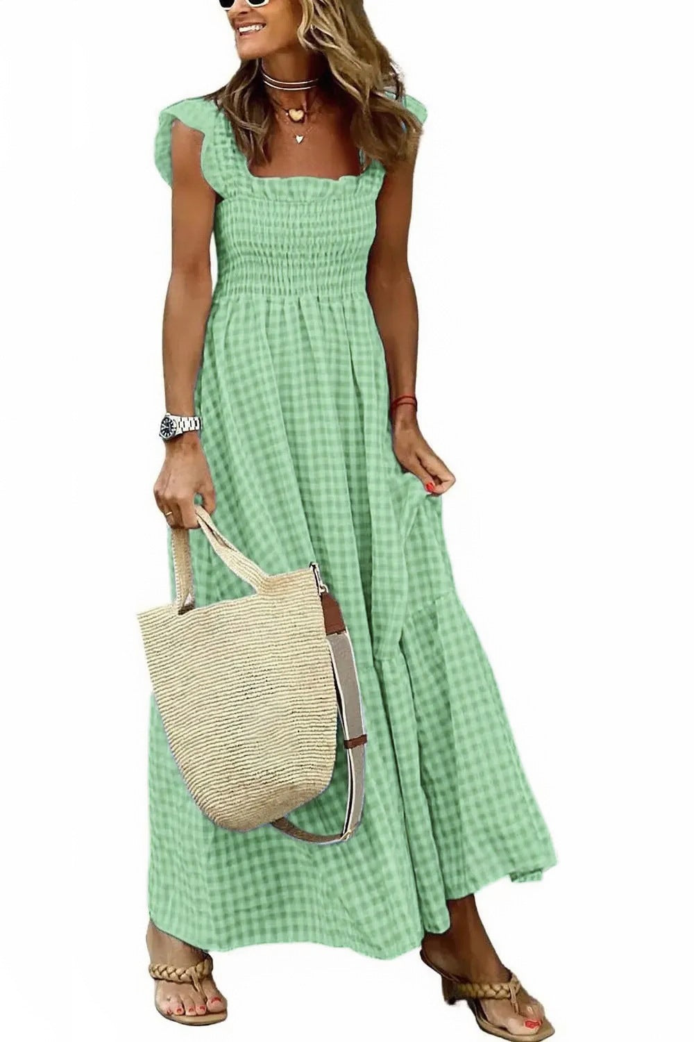 Patchwork Plaid Flared Strap Dress