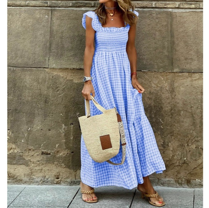 Patchwork Plaid Flared Strap Dress