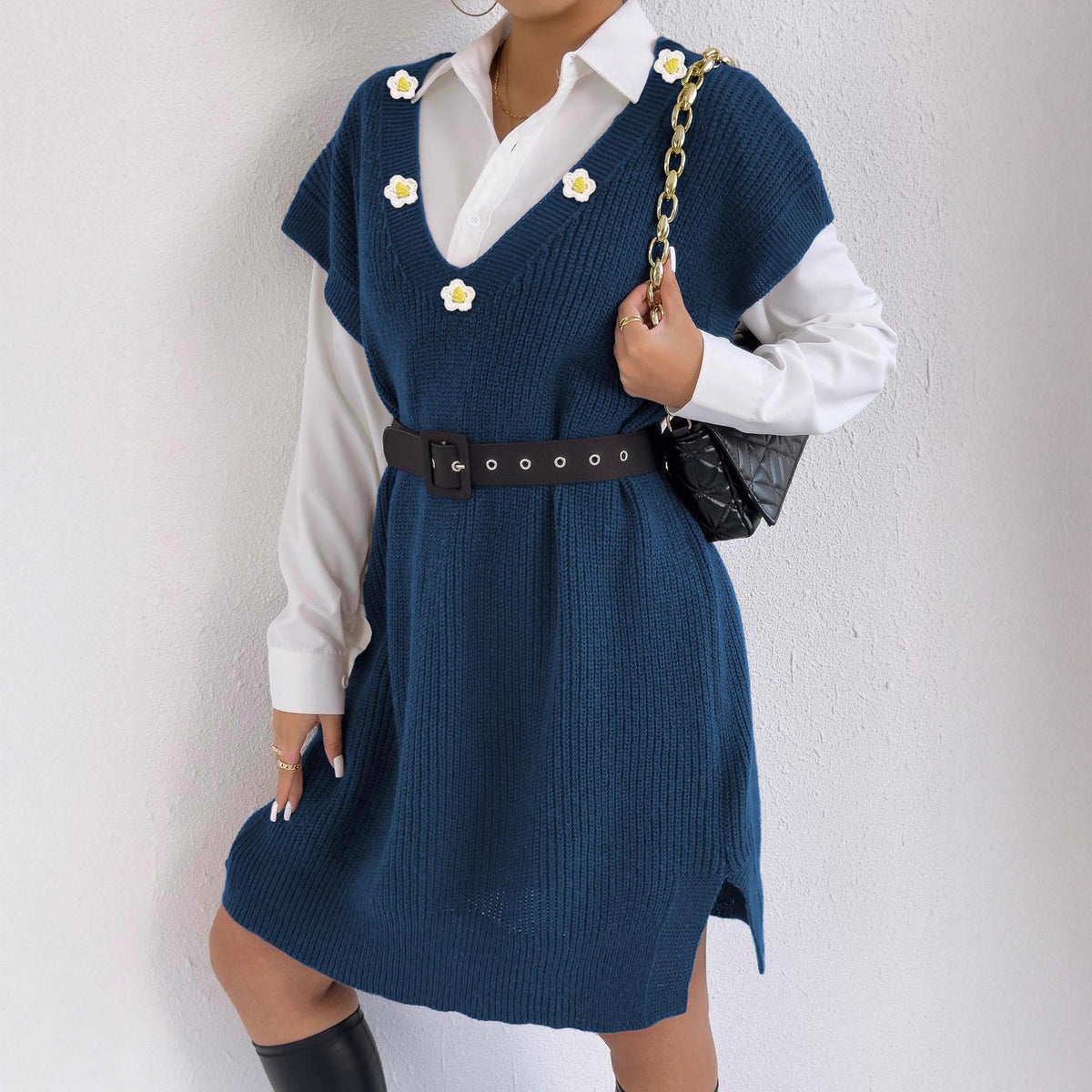 Flower Applique Deep V-Neck Knit Vest Dress
