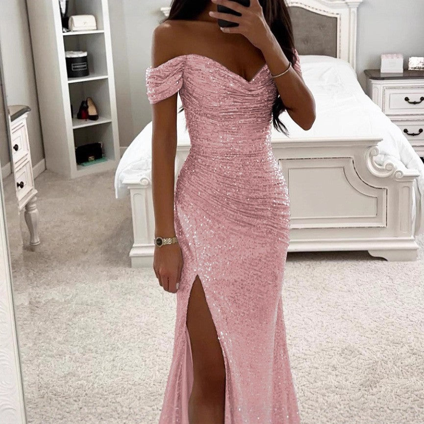 Shiny Sequin One-Shoulder Split Dress, Casual Fashion Dress for Women