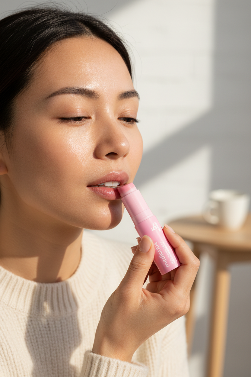 Lifestyle image showing Pink Collagen Multi-Effect Scented Balm in use