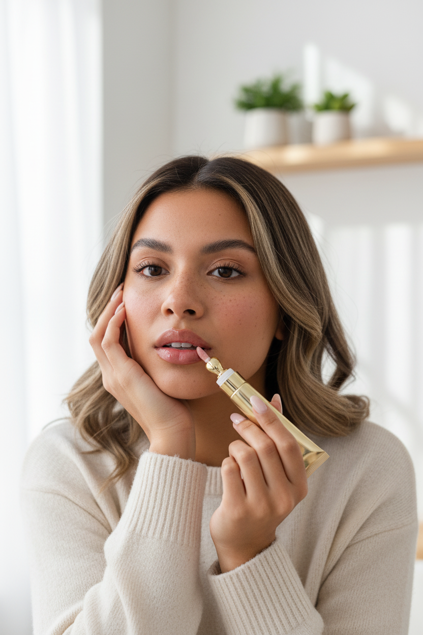 Lifestyle image showing Plumping Tinted Lip Oil Gloss in use
